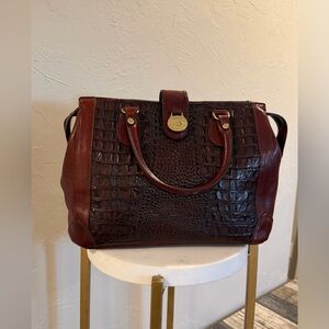 Brahmin Leather Croc Embossed Satchel Tote Bag - Vintage Brass Medallion